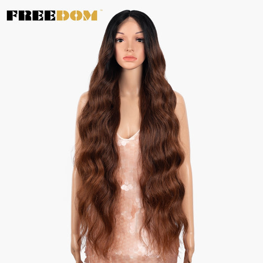 Synthetic Lace Front Wigs For Women 36 inch Super Long Body Wavy Lace Wig Brown Ombre Pink Cosplay Wigs Heat Resistant