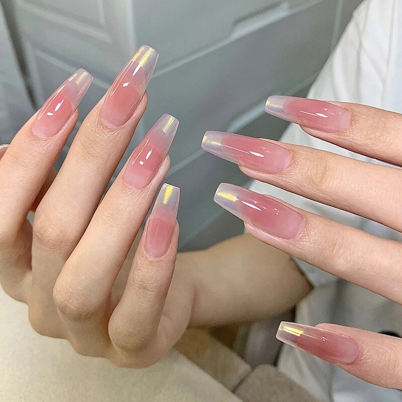 24pcs Long gradient nude false nail with glue simple artifical press on nails acrylic nails natural stick on nails set