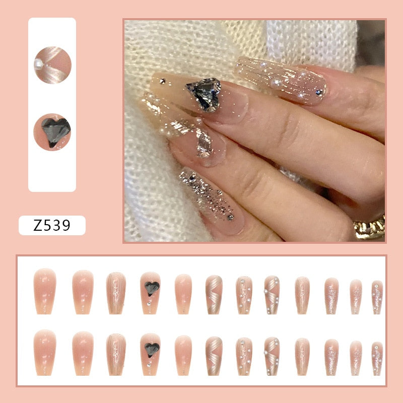 24pcs Super Shiny False Nails Glitter Aurora Crystal Pointed Press on Nail Full Cover Wearable Artificial Nail Tips