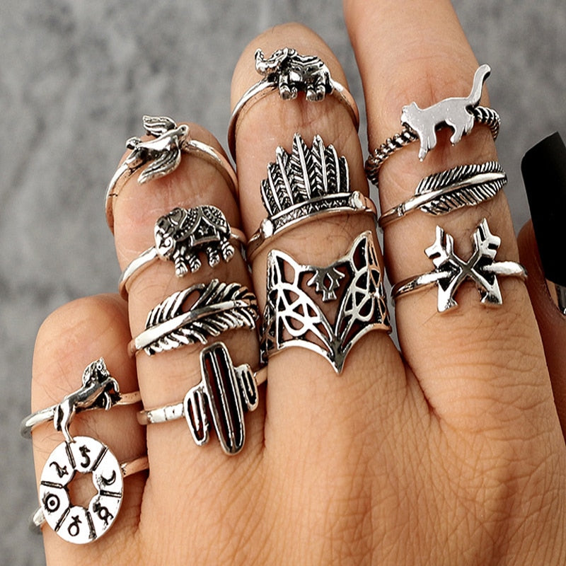 Bohemian Geometric Rings Sets Crystal Star Moon Flower Butterfly Constellation Knuckle Finger Ring Set For Women Jewelry