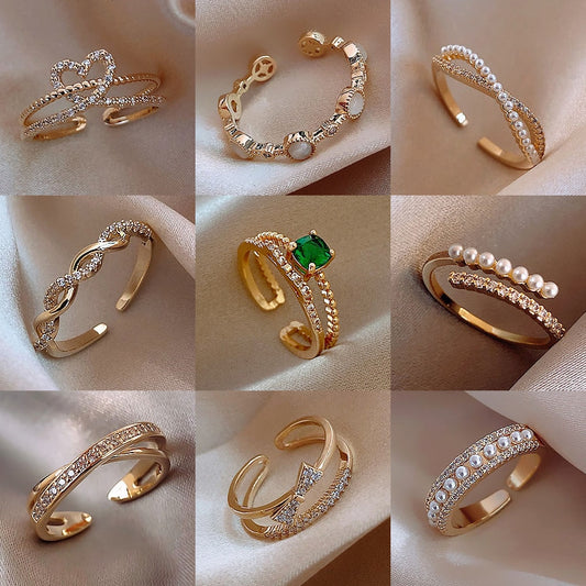 Luxury Gold Color Pearl Zircon Rings Vintage Sexy Open Joint Elegant