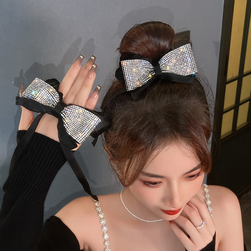 Elegant Bow Ribbon Scrunchies Fashion Ladies Simple Rhinestone Bow Wrap Hair Rope Design Ponytail Girl Hair Accessories