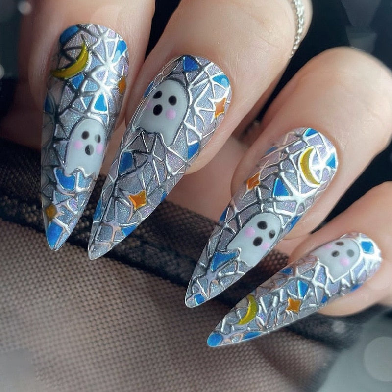 24Pcs Halloween Long Stiletto False Nails Almond Fake Nails with Ghost Design Press on Nails Wearable Full Cover Manicure Tips