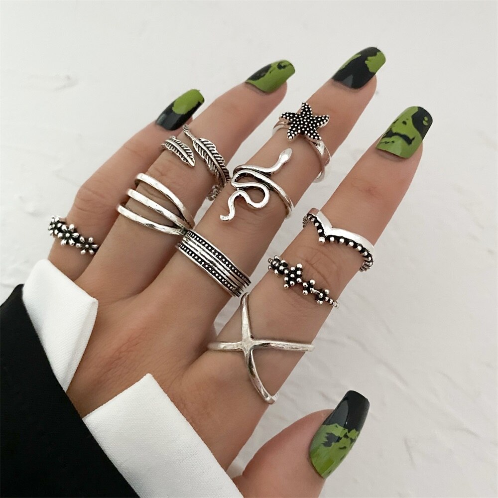 Punk Gothic Butterfly Snake Chain Ring Set for Women Black Dice Vintage Silver Plated Retro Rhinestone