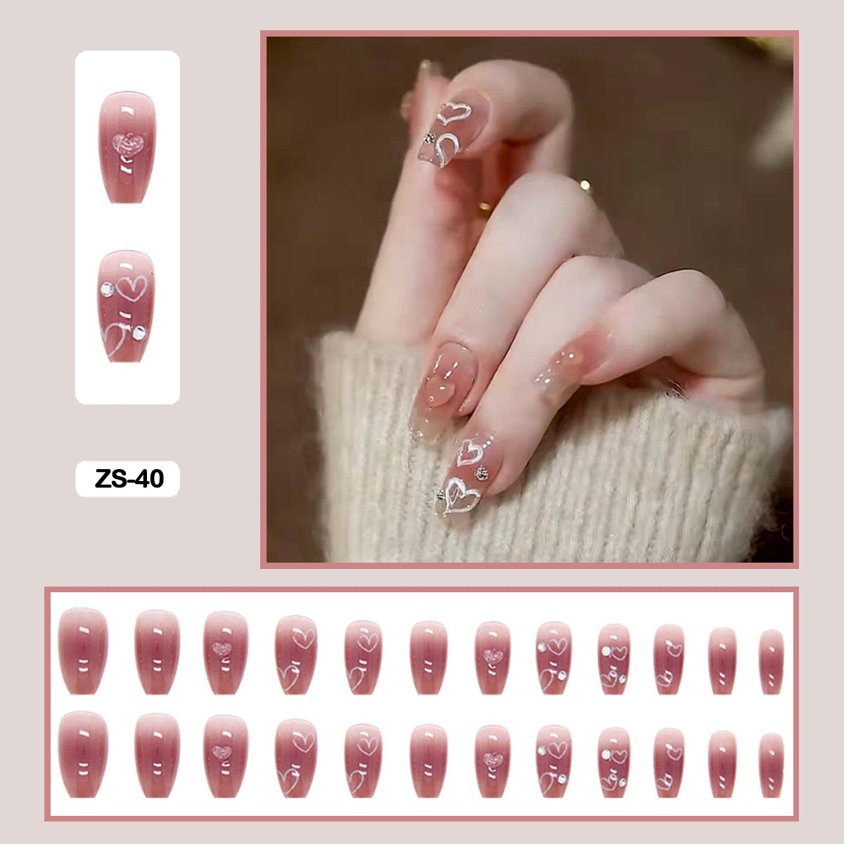 24pcs Artificial Diamond Elegant Flesh-colored Nail Art With Bowknot Fake Nails Long False Nails With Glue With Wearing Tools