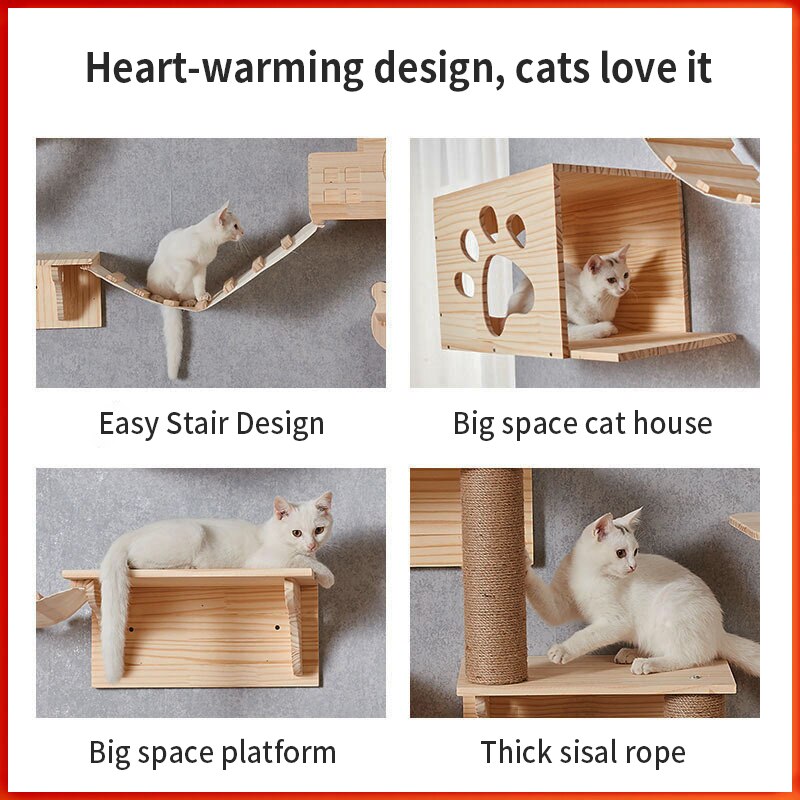 Wall Mounted Cat Climbing Frame DIY Pine Solid Wood Cat Hanging Bed Jumping Platform Cat Scratching Climbing Post Pet Furniture