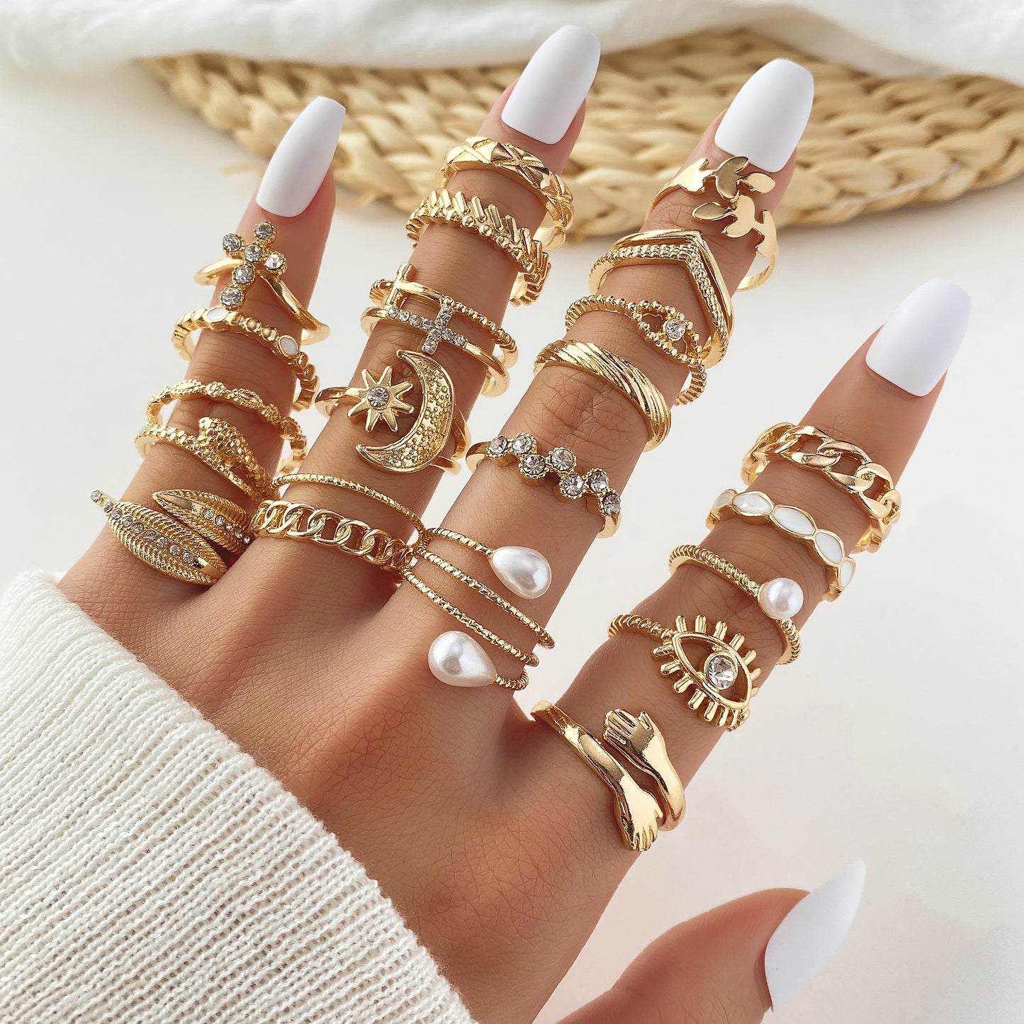 23pcs Hiphop Gold Color Geometric Wheat Rings Set For Women Girls Punk Star Moon Eye Wave Finger Rings Jewelry Party