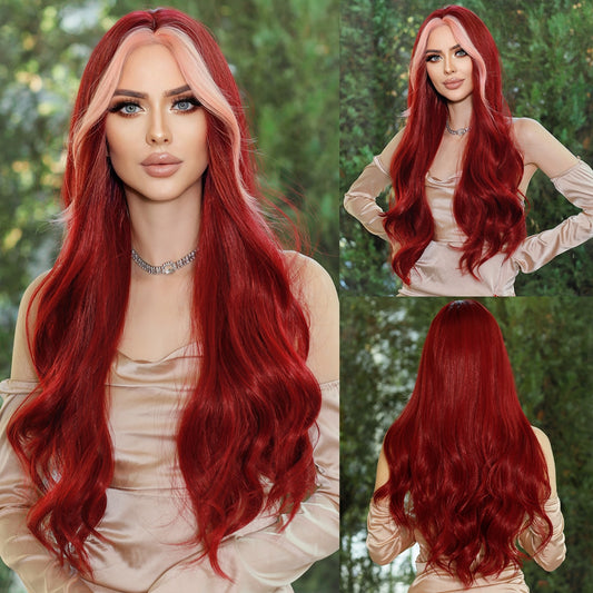 Long Wavy Middle Part Wine Red Wig for Women Daily Cosplay Party Synthetic Highlight Pink Hair Wigs Lolita Heat Resistant