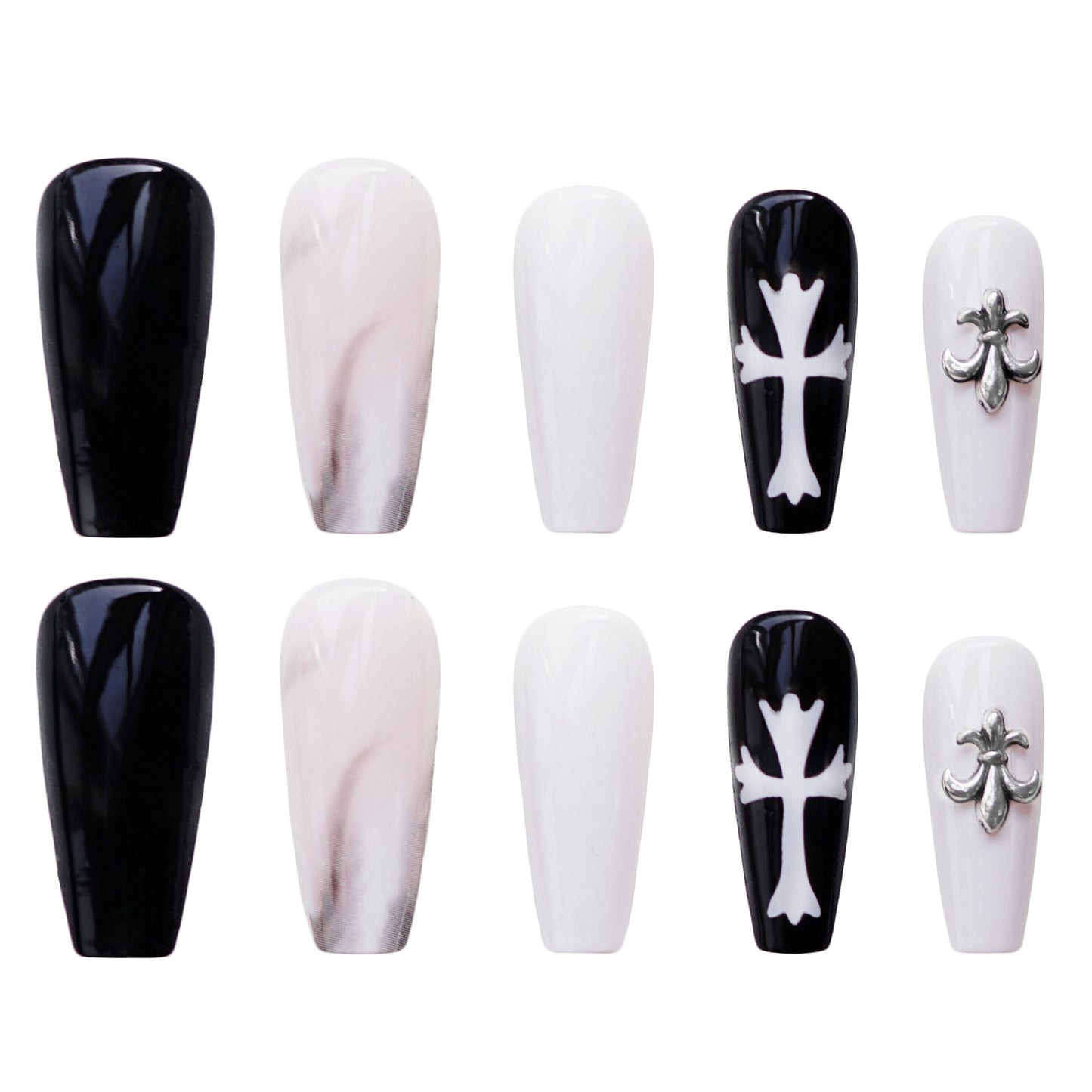 24Pcs Punk Babes Fake Nails With Glue Vintage Rhinestones Cross Design Long Ballet Coffin Press On Nails Detachable Manicure Tip