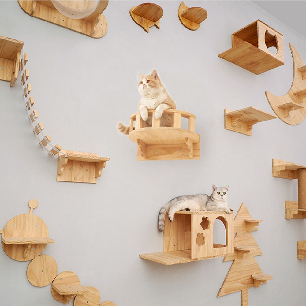 Cat Climbing Wood Frame Wall Mounted Solid Wood Cat Tree Jumping Platform Wall DIY Pet Furniture Kitten Springboard Scratching