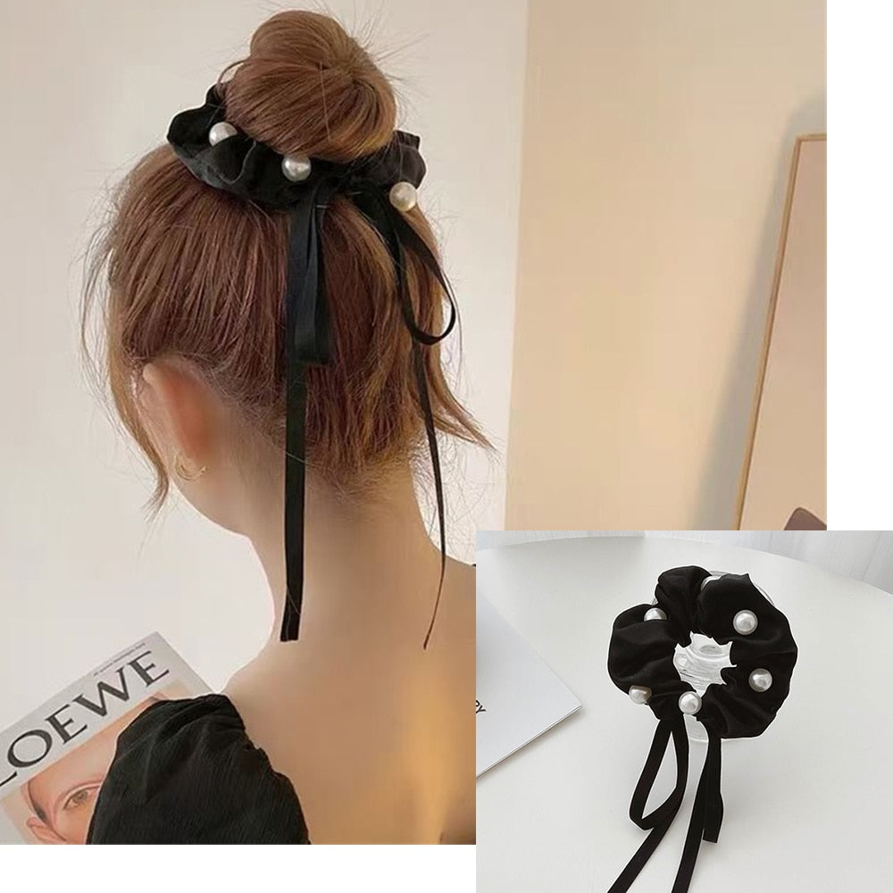 Elegant Bow Ribbon Scrunchies Fashion Ladies Simple Rhinestone Bow Wrap Hair Rope Design Ponytail Girl Hair Accessories