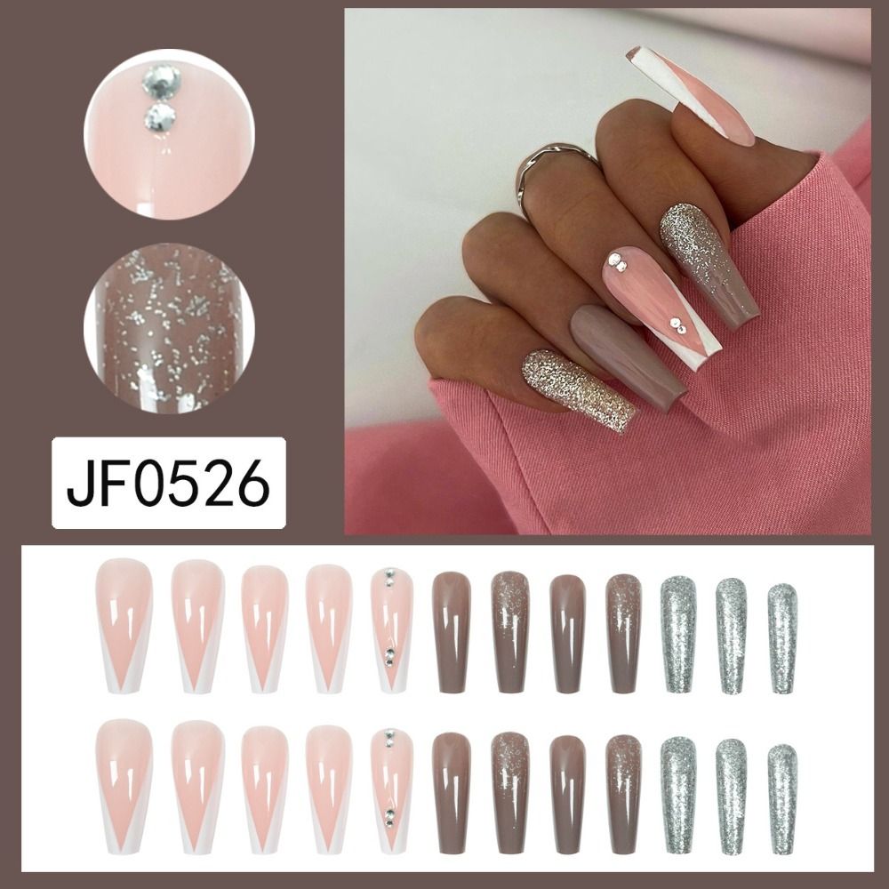 24pcs Long Ballet False Nail Full Cover Fake Nail Grey White Marble Design Nails Tip French Coffin Nails Press On Nails