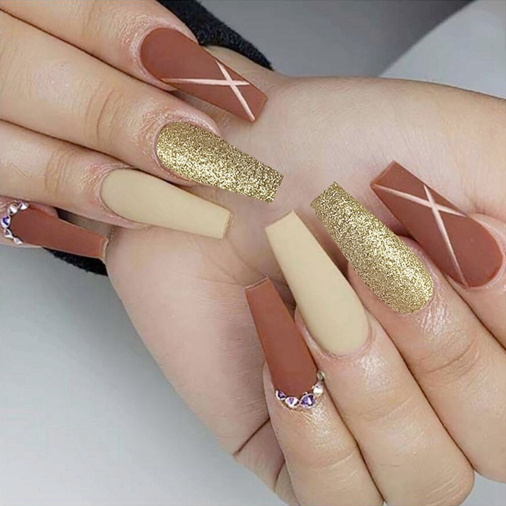 24Pcs Marble Gradient Long Coffin False Nails Detachable Wearable Gold Foil Ballerina Fake Nails Full Cover Nail Tips Press Glue