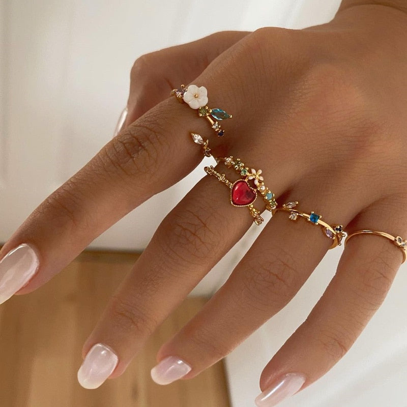 Bohemian Geometric Rings Sets Crystal Star Moon Flower Butterfly Constellation Knuckle Finger Ring Set For Women Jewelry