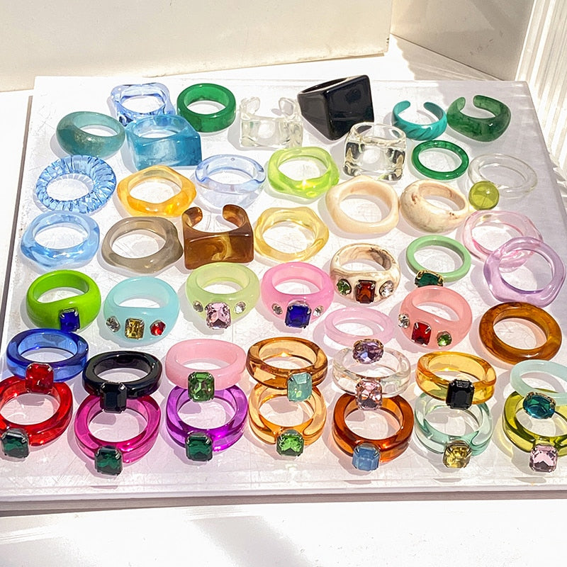 Colorful Transparent Resin Acrylic Crystal Rhinestone Simple Geometric Square Round Rings Set Jewelry