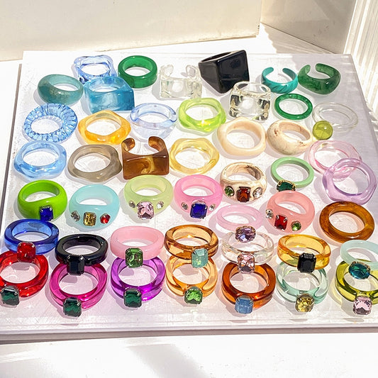 Colorful Transparent Resin Acrylic Crystal Rhinestone Simple Geometric Square Round Rings Set Jewelry