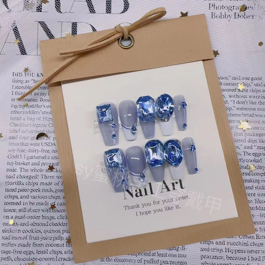 Blue Rhinestone French Style Long T False Nails Patch Finishe Nail Cat’s Eye Gradient Wearing Fake Nail Reused Nail Accessories