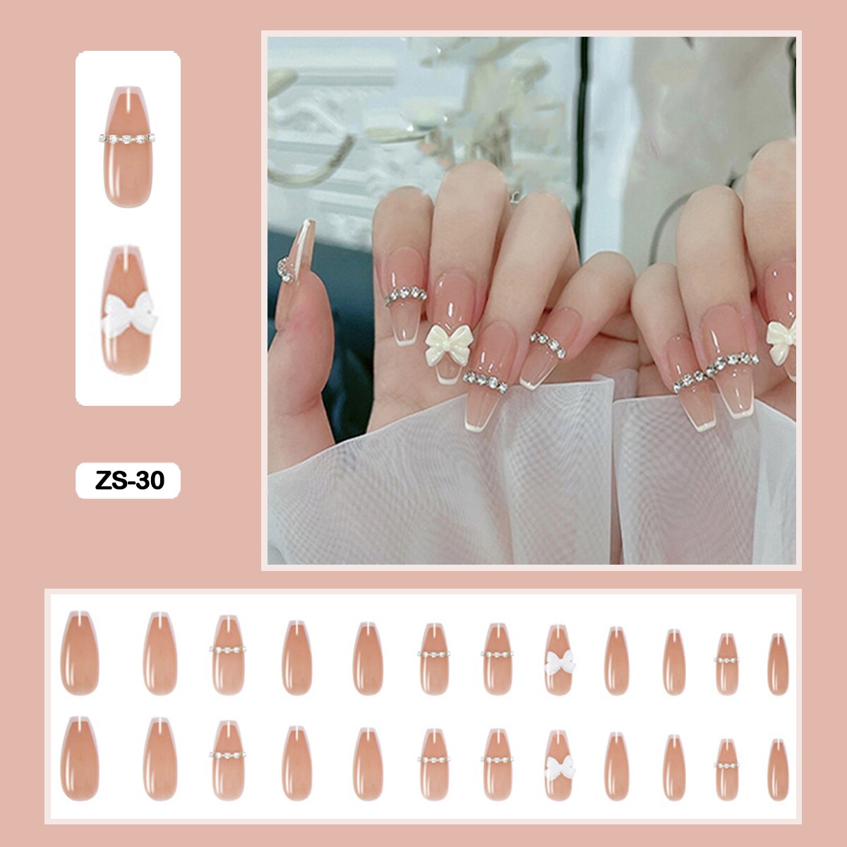 24pcs Artificial Diamond Elegant Flesh-colored Nail Art With Bowknot Fake Nails Long False Nails With Glue With Wearing Tools