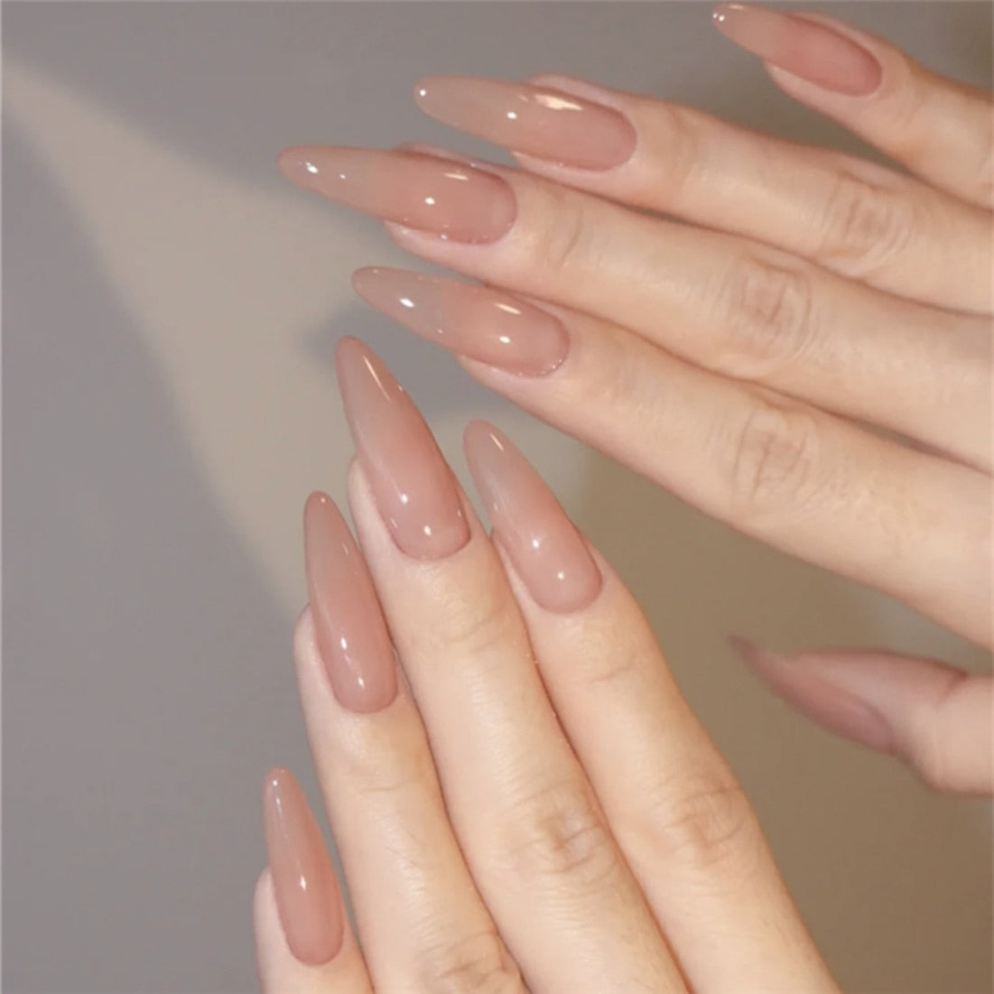 24PCS Khaki Nude Press On False Nails Tips Long Ballerina Pure Color Acrylic Fake Nails Coffin Full Cover Nail With Glue Designs