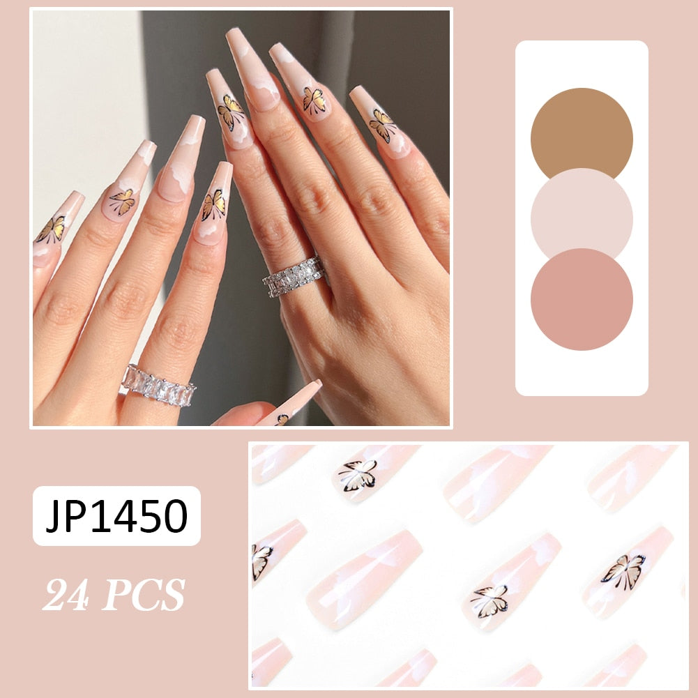 24pcs False Nails Nude Gradient Nail Patch Rhinestone Inlaid Press On Nails Removable Long Manicure nail tips