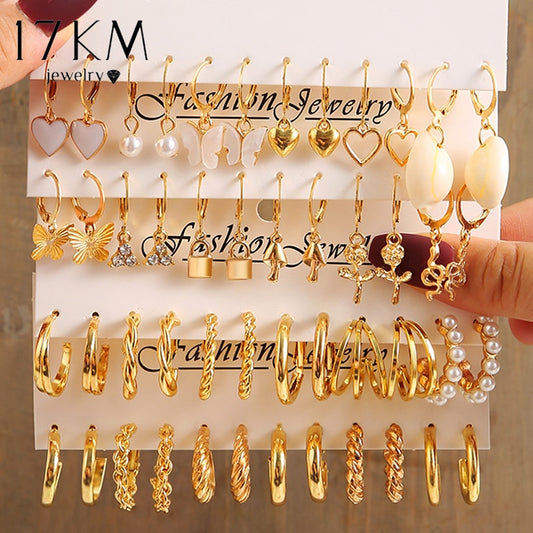 17KM Butterfly Twist Hoop Earrings Set Heart Hollow Dangle Earrings for Women Metal Gold Color Stud Earrings