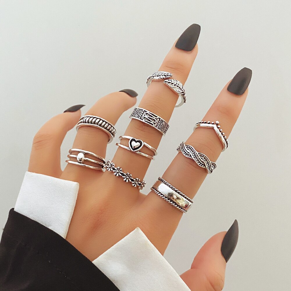 Punk Gothic Butterfly Snake Chain Ring Set for Women Black Dice Vintage Silver Plated Retro Rhinestone