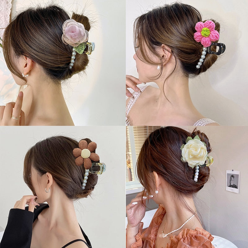 Knitted Floral Hair Claw Clips Hair Clamp Flower Hair Clip Hairpin Headdress Accessories