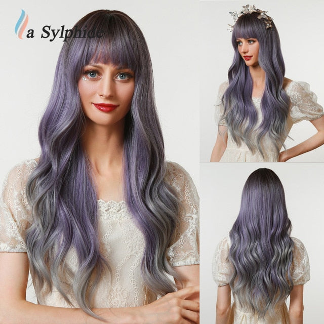 Synthetic Hair Wigs Cosplay Wig Long Wave Root Black Ombre Pink for Woman Heat Resistant Fiber Daily Party Wig