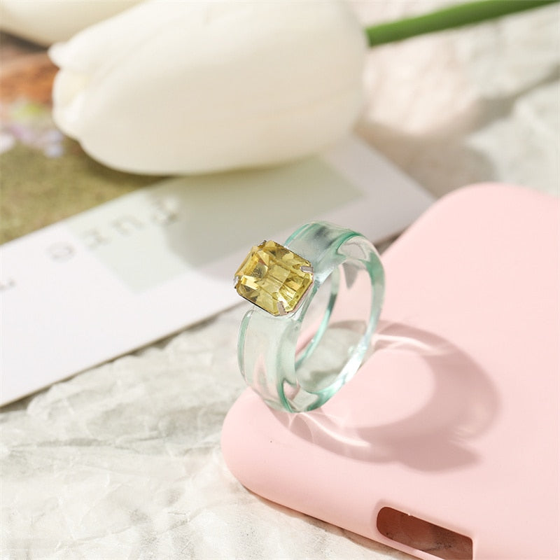 Colorful Transparent Resin Acrylic Crystal Rhinestone Simple Geometric Square Round Rings Set Jewelry