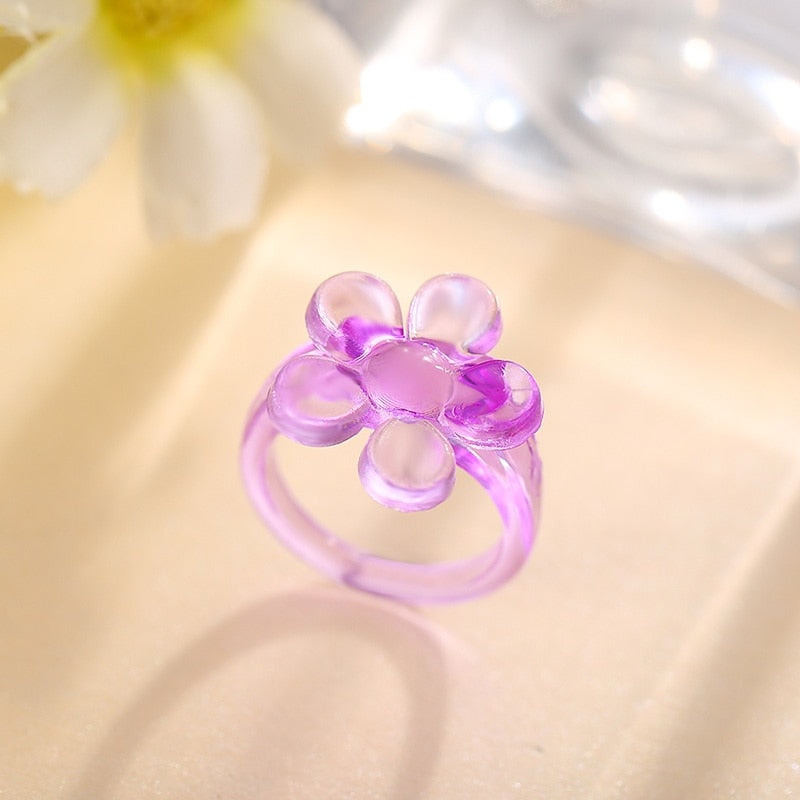 Colorful Transparent Resin Acrylic Crystal Rhinestone Simple Geometric Square Round Rings Set Jewelry