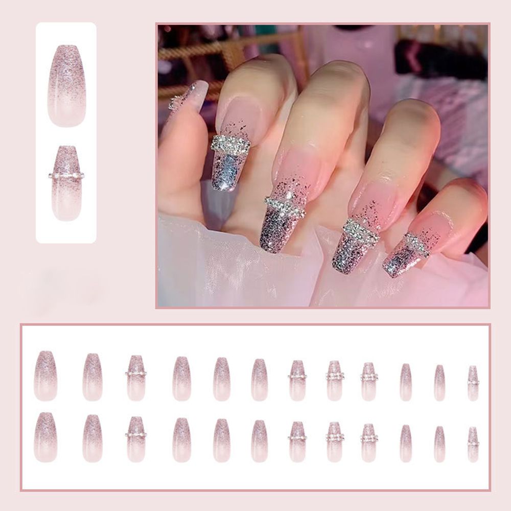 24Pcs False Nails Extra Long Pink Gradient Coffin Fake Nails With Rhinestone Manicure Ballerina Nail Art Tips Press on Nails