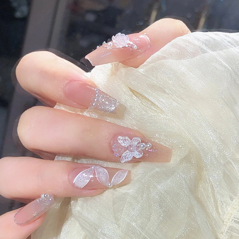 24pc Nude Fake Nails With Design Pearl crystal butterfly full cover white ribbon false nails with glue artificial press on nails