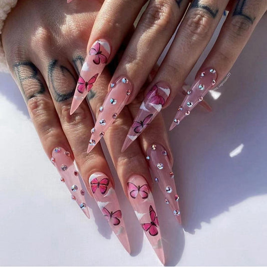 24Pcs Press On Nails Long Stiletto False Nails With Glue Pink Butterfly Cloud Rhinestones Design Acrylic Fake Nail Detachable