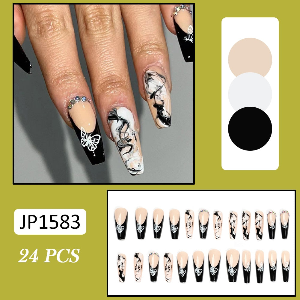 24pcs False Nails Nude Gradient Nail Patch Rhinestone Inlaid Press On Nails Removable Long Manicure nail tips