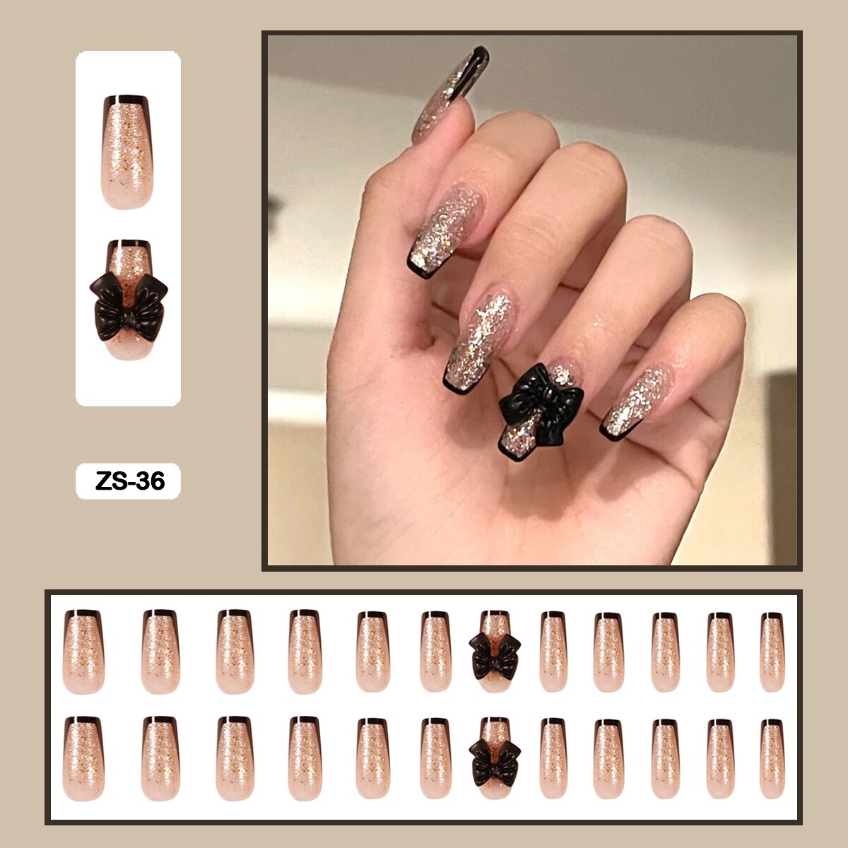 24pcs Artificial Diamond Elegant Flesh-colored Nail Art With Bowknot Fake Nails Long False Nails With Glue With Wearing Tools