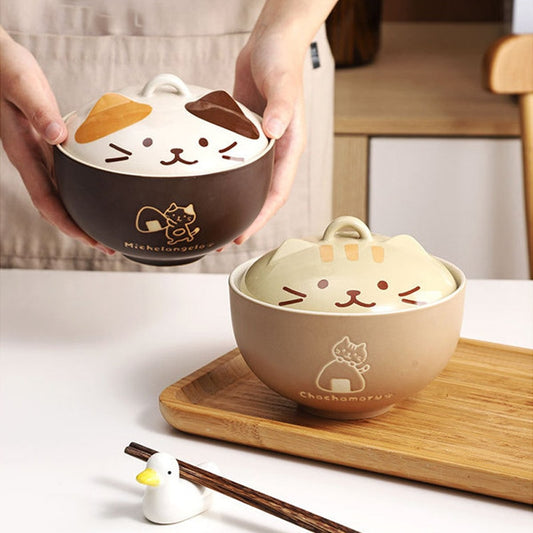 550ml Cartoon Cat Ceramic Instant Noodle Bowl With Lid Underglaze Color Soup Salad Bowl Kitchen Lunch Box