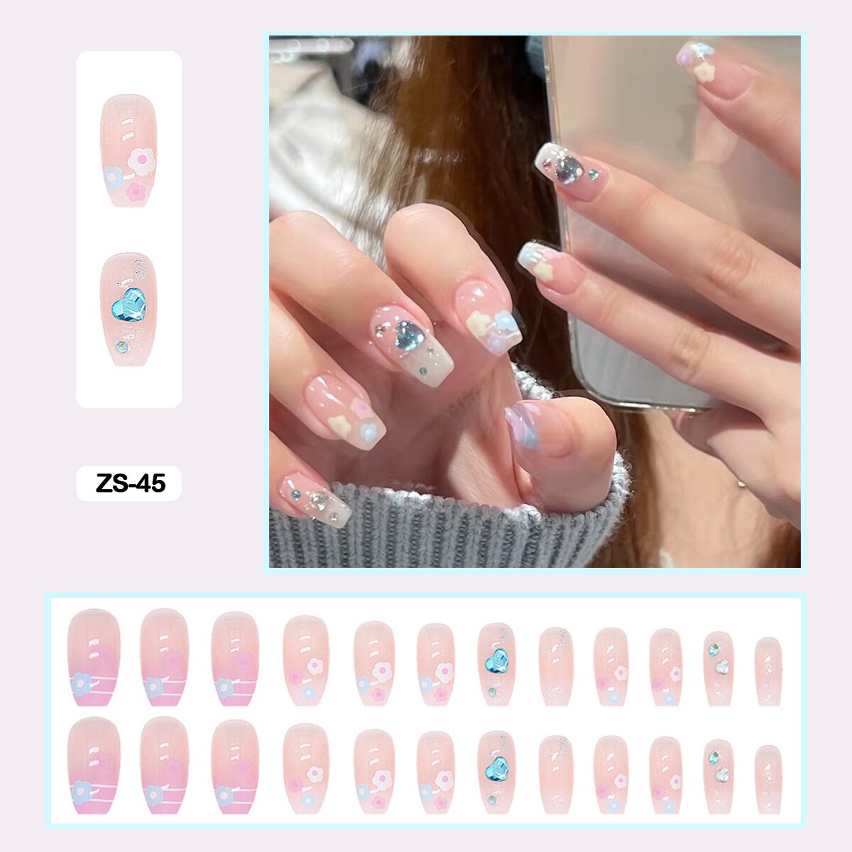 24pcs Artificial Diamond Elegant Flesh-colored Nail Art With Bowknot Fake Nails Long False Nails With Glue With Wearing Tools