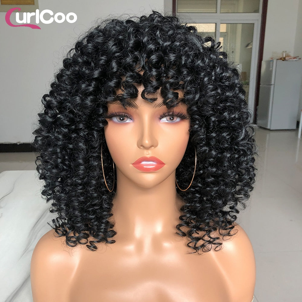 Short Hair Afro Kinky Curly Wigs With Bangs For Women Fluffy Synthetic Ombre Glueless Cosplay Natural highlight Blonde Wig