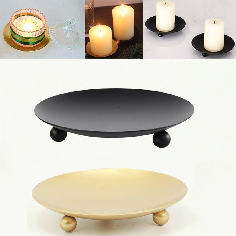 Iron Black Gold Plated Candle Holder Pillar Metal Plate for Wedding Party Festival Candlestick Art Gift Home Decoration