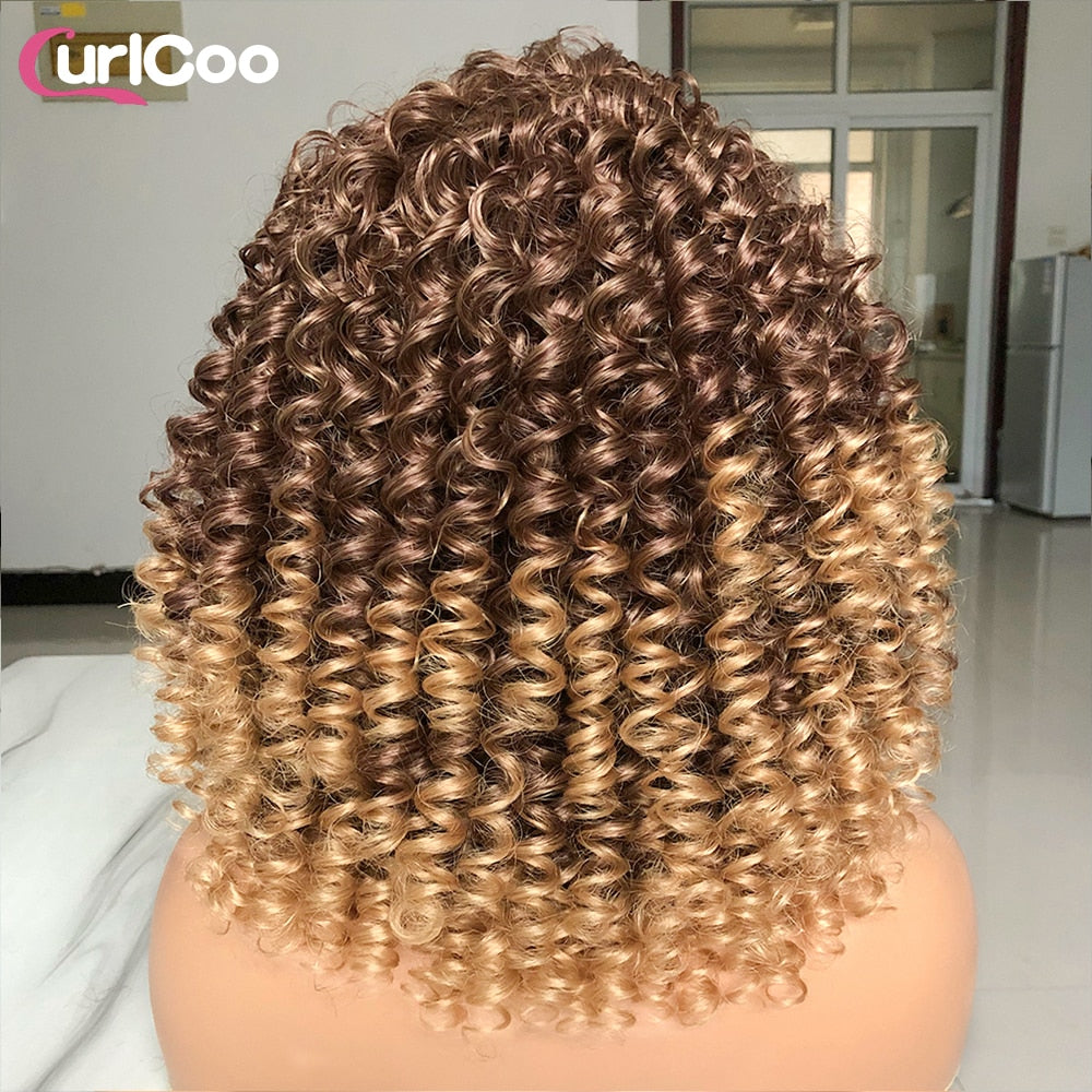 Short Hair Afro Kinky Curly Wigs With Bangs For Women Fluffy Synthetic Ombre Glueless Cosplay Natural highlight Blonde Wig