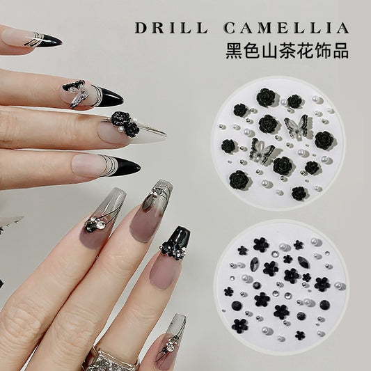 1 box Manicure Black Camellia Nail parts Butterfly Flower Mixed Pearl Jewelry Flat Shaped Diamond Dark Rose Style Nail