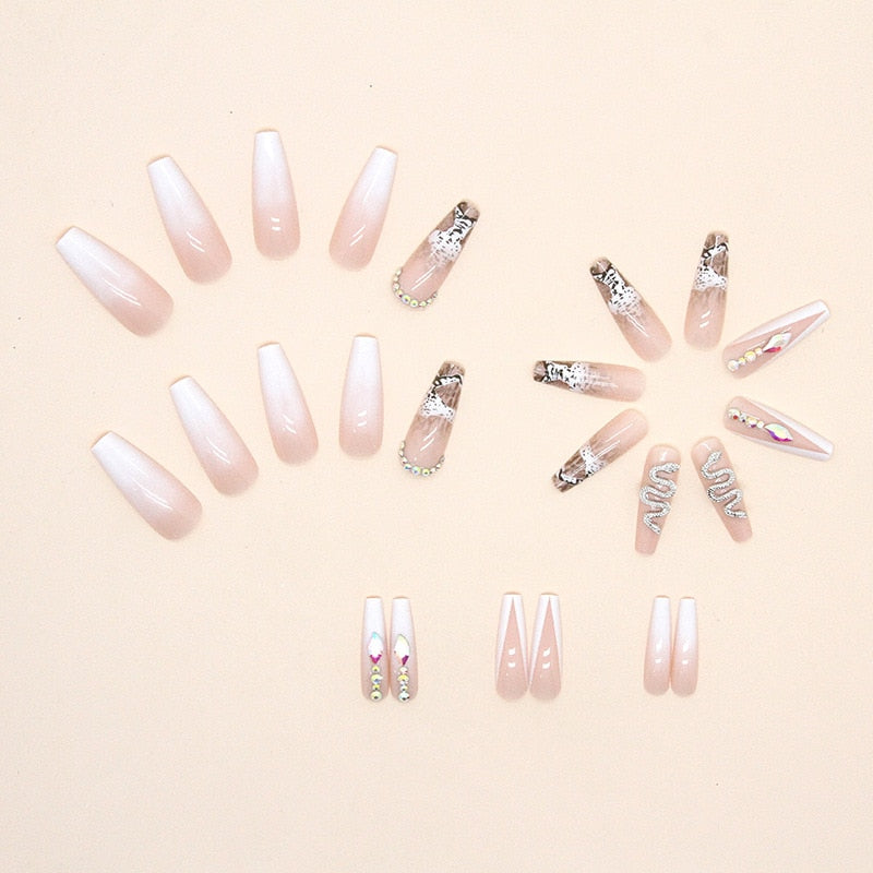 24pcs Long Press On Fake Nails French Designs With Snake Rhinestones Coffin False Nails Ballerina Manicure Full Cover Nail Tips