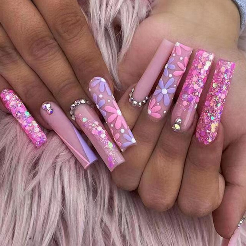 24pcs artificial nails pink french press on nails Sticker Fake Nails Tips With Glue Full Cover Detachable Finished Fingernails