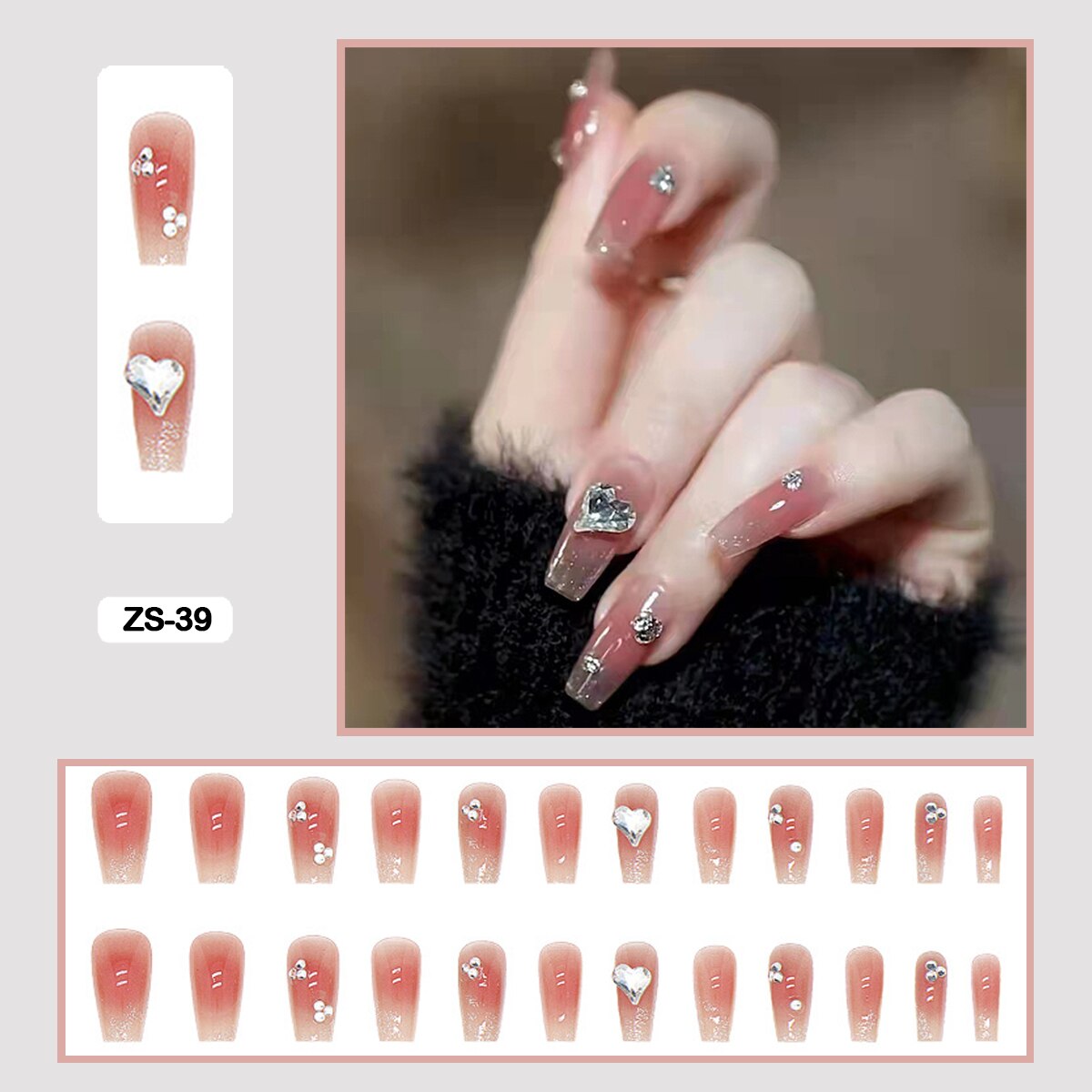 24pcs Artificial Diamond Elegant Flesh-colored Nail Art With Bowknot Fake Nails Long False Nails With Glue With Wearing Tools