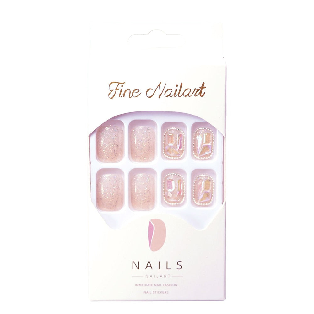 Short Fake Nails With Glitter Aurora Crystal Designs Pink Artificial Nails Wearable Full Cover Press on Nails 24pcs