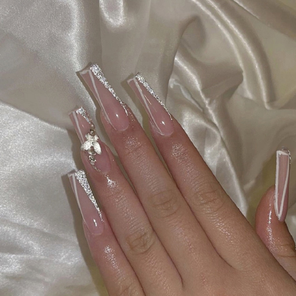 24pcs False Nails with glue flower design Long Coffin French Ballerina Fake Nails Full Cover acrylic Nail Tips Press On Nails