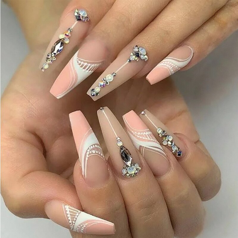 24Pcs Long Square False Nails with Glue French Rhinestone Design Fake Nail Wearable Acrylic Press on Nails Full Cover Nail Tips