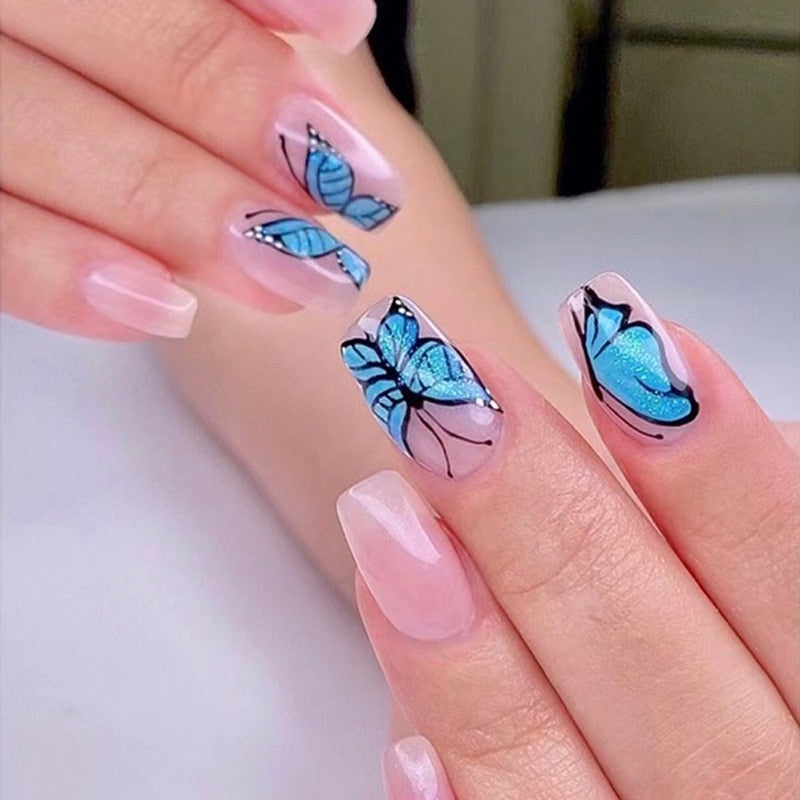 24Pcs Gradient Blue French Long Ballet False Nails With Rhinestones Butterfly Designs Wearable Press On Nails Acrylic Fake Nail