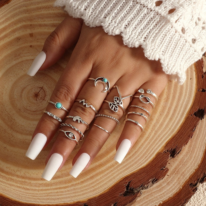 Bohemian Geometric Rings Sets Crystal Star Moon Flower Butterfly Constellation Knuckle Finger Ring Set For Women Jewelry