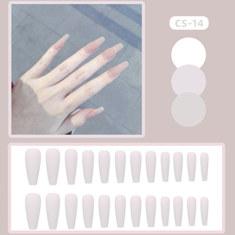 24pcs/box Full Cover fake Press on Nails Matte Yellow Pure Acrylic Frosted Ballerina acrylic for nails